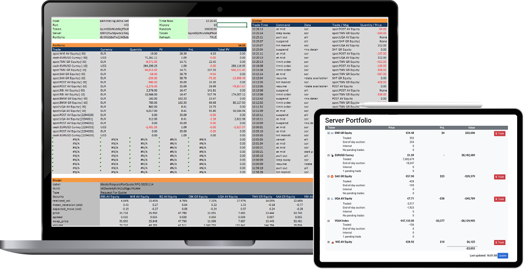 Real time trading software with data tables on laptop and tablet